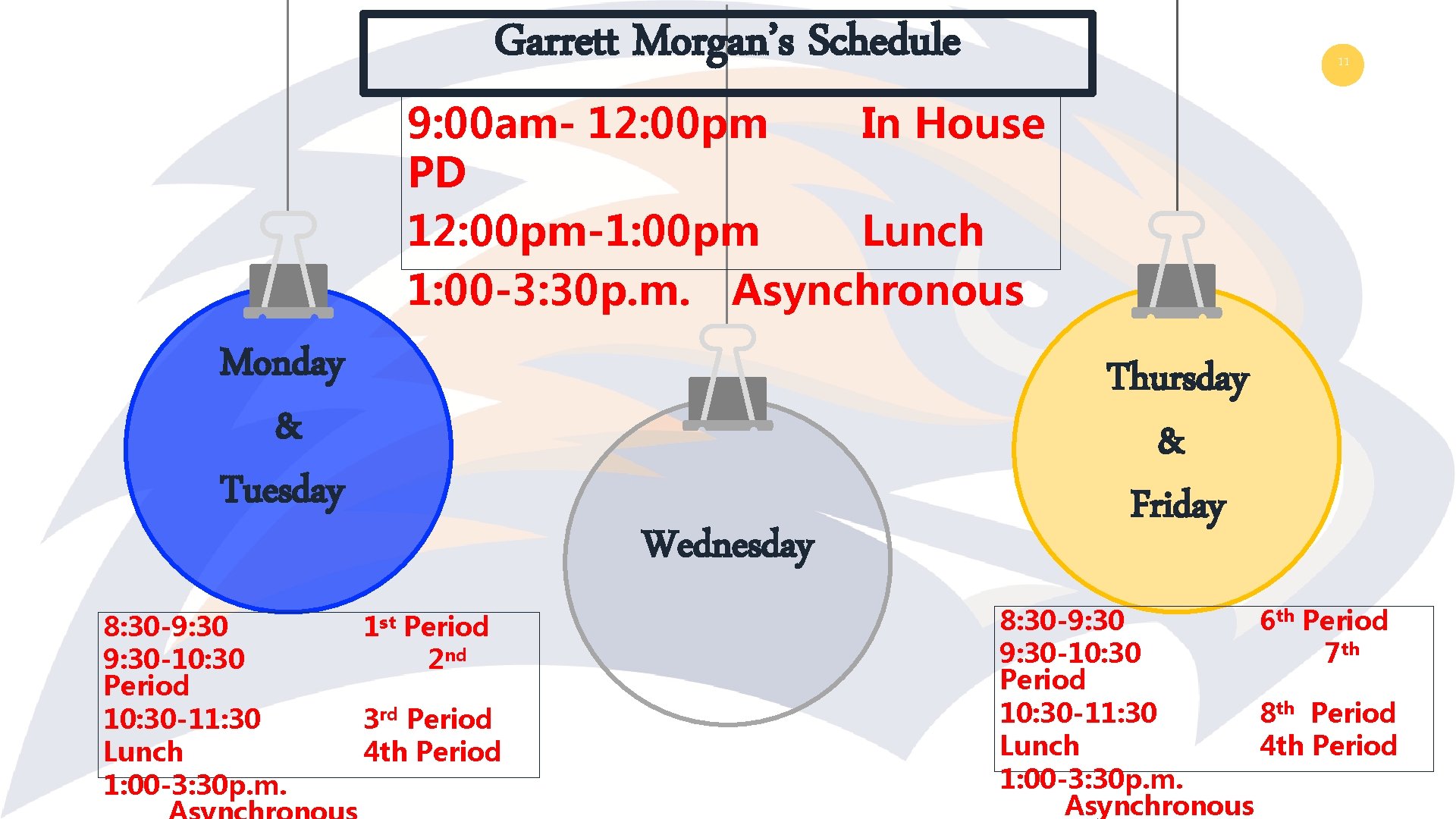 Garrett Morgan’s Schedule 11 9: 00 am- 12: 00 pm In House PD 12: