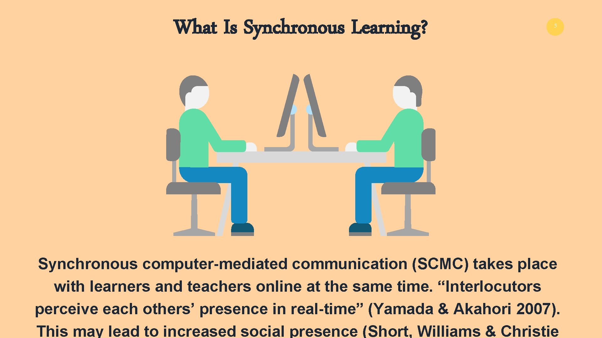 What Is Synchronous Learning? 5 Synchronous computer-mediated communication (SCMC) takes place with learners and