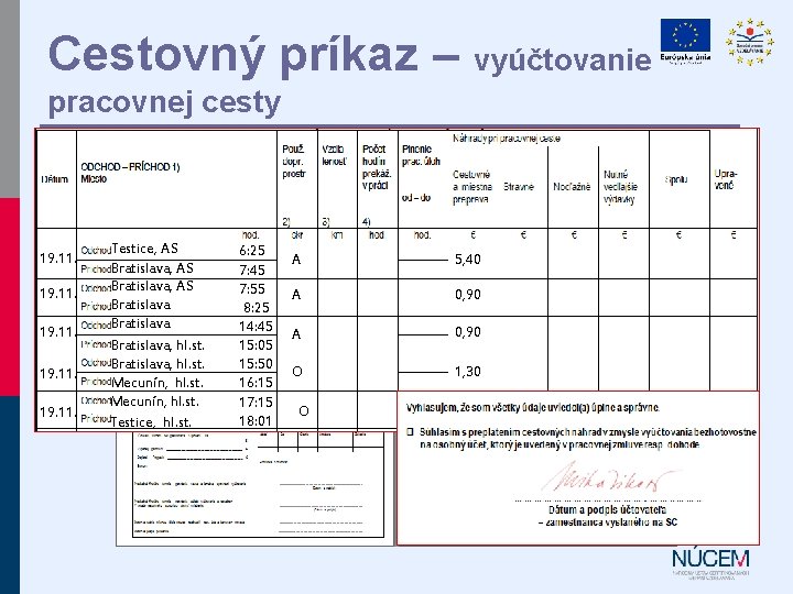 Cestovný príkaz – vyúčtovanie pracovnej cesty 19. 11. Testice, AS Bratislava, AS Bratislava, hl.