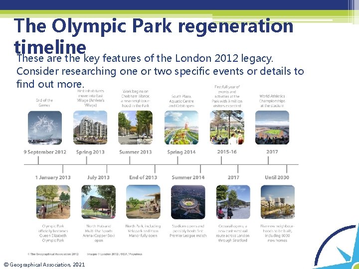 The Olympic Park regeneration timeline These are the key features of the London 2012