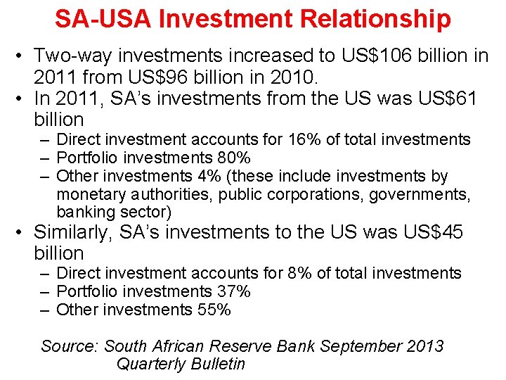 SA-USA Investment Relationship • Two-way investments increased to US$106 billion in 2011 from US$96