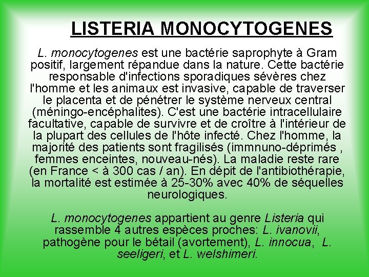 LISTERIA MONOCYTOGENES L. monocytogenes est une bactérie saprophyte à Gram positif, largement répandue dans