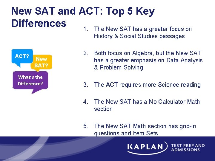 New SAT and ACT: Top 5 Key Differences 1. The New SAT has a