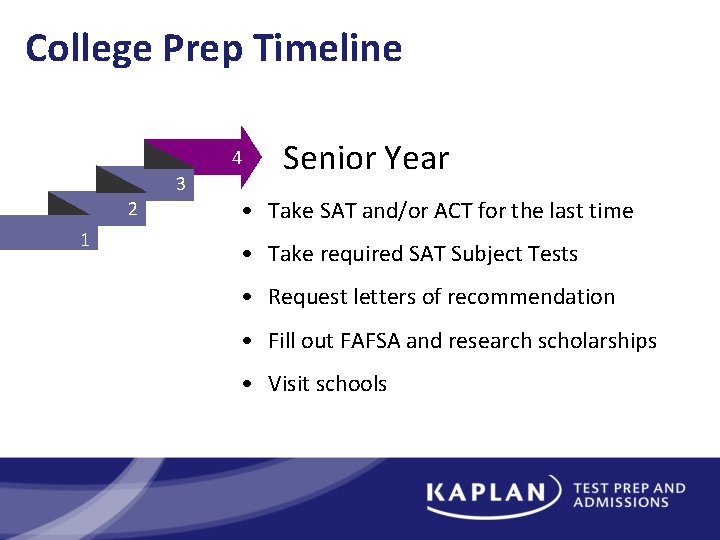 College Prep Timeline 4 3 2 1 Senior Year • Take SAT and/or ACT