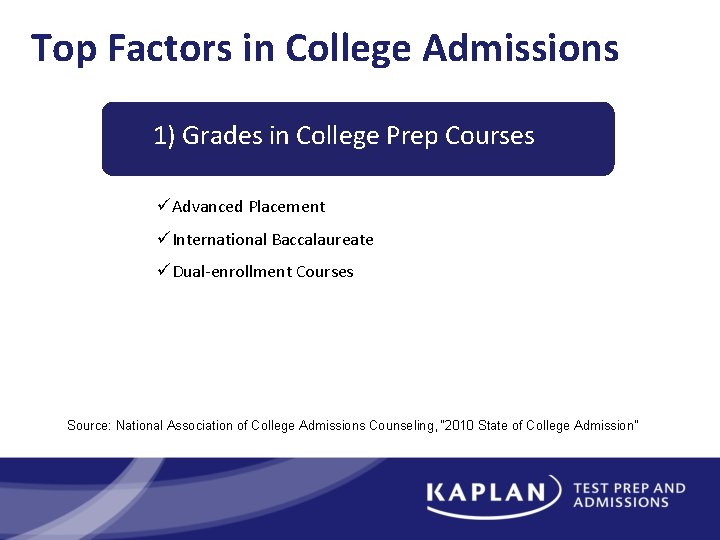 Top Factors in College Admissions 1) Grades in College Prep Courses üAdvanced Placement üInternational