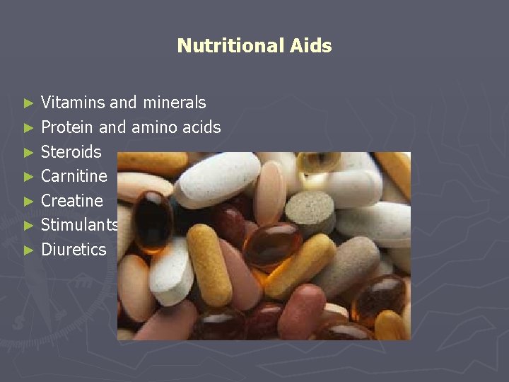 Nutritional Aids Vitamins and minerals ► Protein and amino acids ► Steroids ► Carnitine