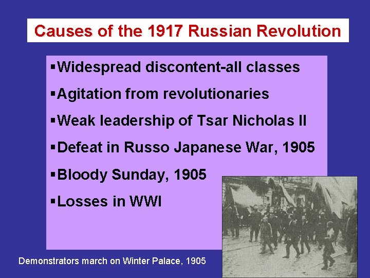 Causes of the 1917 Russian Revolution §Widespread discontent-all classes §Agitation from revolutionaries §Weak leadership Causes of the 1917 Russian Revolution §Widespread discontent-all classes §Agitation from revolutionaries §Weak leadership