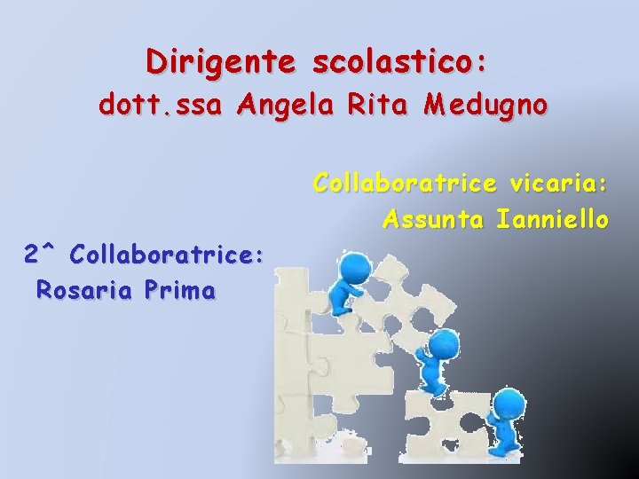 Dirigente scolastico: dott. ssa Angela Rita Medugno 2^ Collaboratrice: Rosaria Prima Collaboratrice vicaria: Assunta