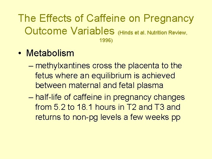 The Effects of Caffeine on Pregnancy Outcome Variables (Hinds et al. Nutrition Review, 1996)