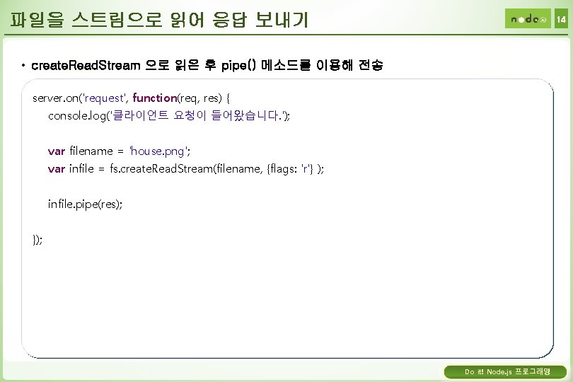 파일을 스트림으로 읽어 응답 보내기 14 • create. Read. Stream 으로 읽은 후 pipe()