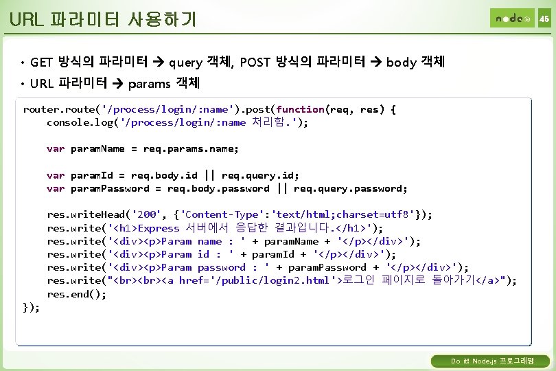 URL 파라미터 사용하기 45 • GET 방식의 파라미터 query 객체, POST 방식의 파라미터 body