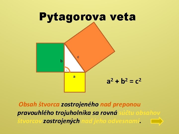 Pytagorova veta c b. a a 2 + b 2 = c 2 Obsah Pytagorova veta c b. a a 2 + b 2 = c 2 Obsah