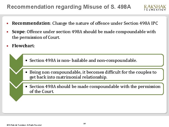 Recommendation regarding Misuse of S. 498 A § Recommendation: Change the nature of offence