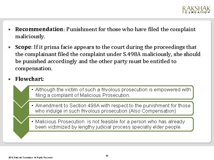 § Recommendation: Punishment for those who have filed the complaint maliciously. § Scope: If
