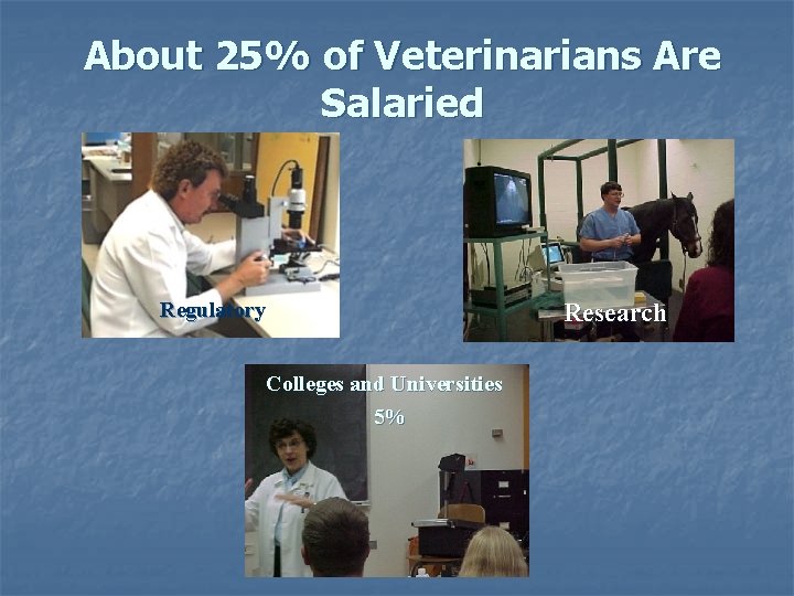 About 25% of Veterinarians Are Salaried Regulatory Colleges and Universities 5% Research 