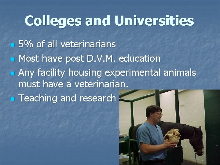 Colleges and Universities n n 5% of all veterinarians Most have post D. V.