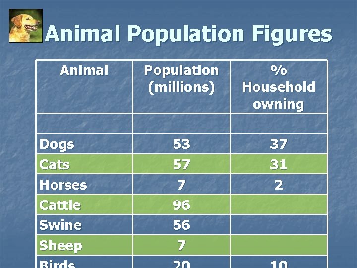 Animal Population Figures Animal Dogs Cats Horses Cattle Swine Sheep Population (millions) % Household