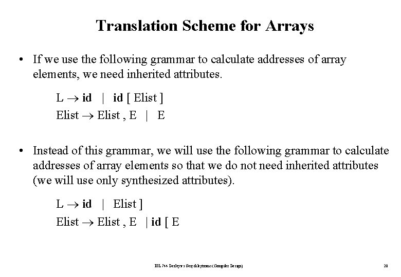 Translation Scheme for Arrays • If we use the following grammar to calculate addresses
