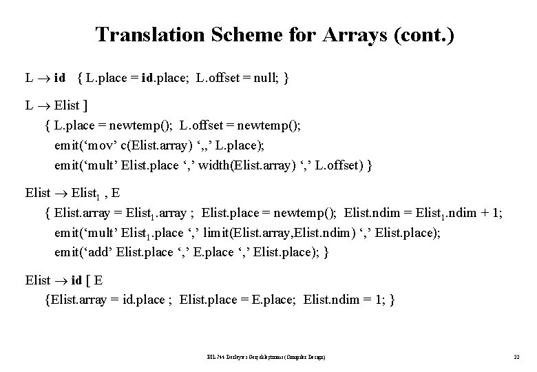 Translation Scheme for Arrays (cont. ) L id { L. place = id. place;