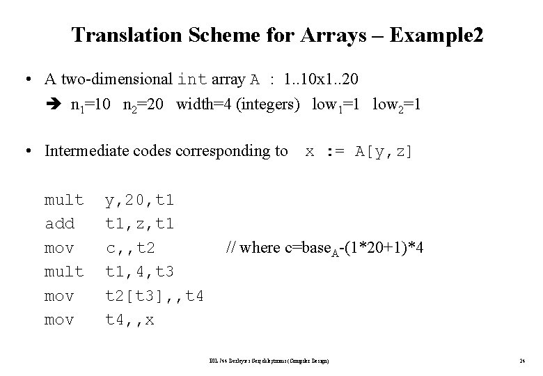 Translation Scheme for Arrays – Example 2 • A two-dimensional int array A :