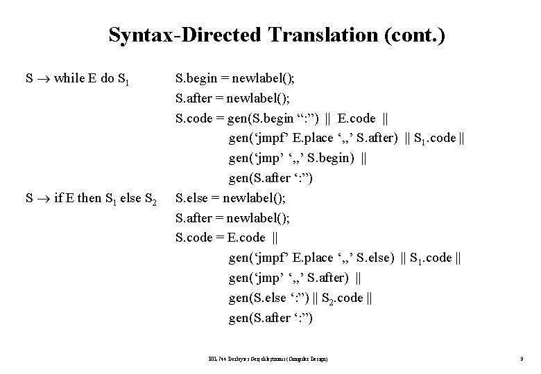Syntax-Directed Translation (cont. ) S while E do S 1 S if E then