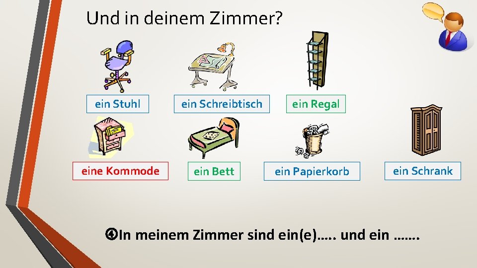 Und in deinem Zimmer? ein Stuhl eine Kommode ein Schreibtisch ein Bett ein Regal