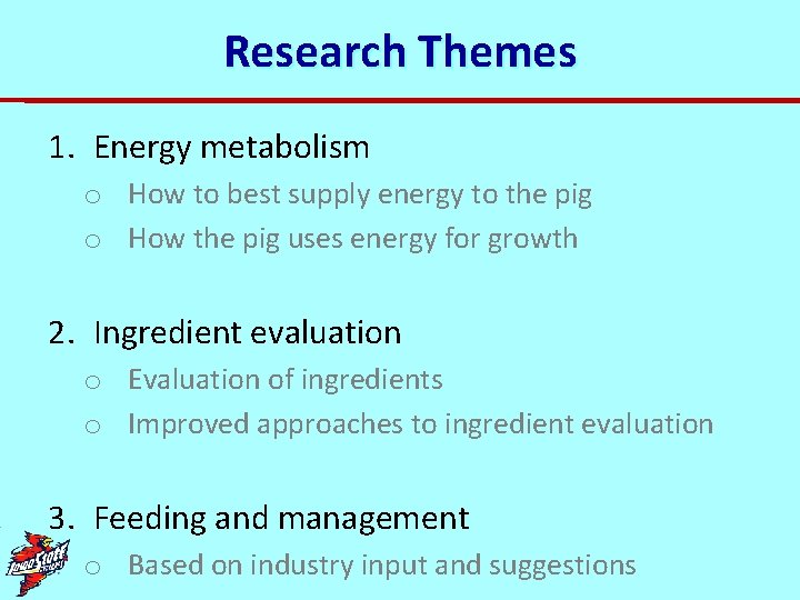 Research Themes 1. Energy metabolism o How to best supply energy to the pig