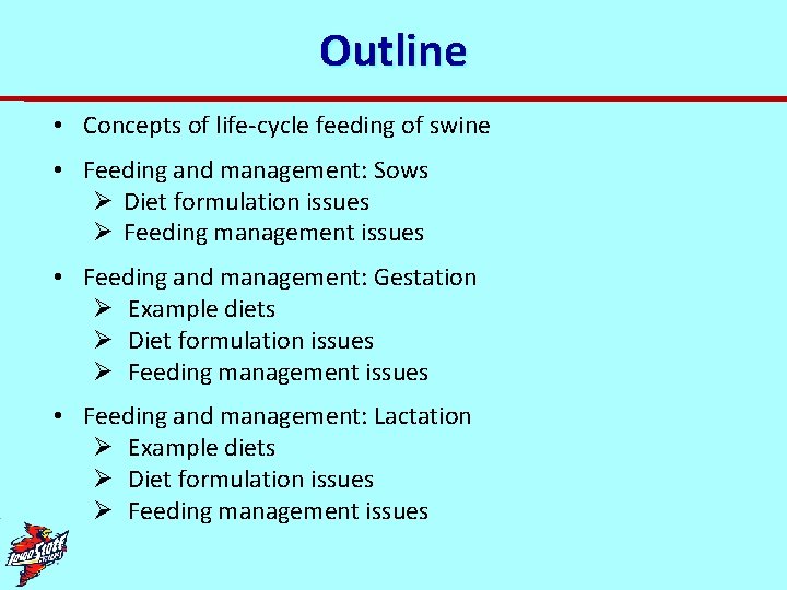 Outline • Concepts of life-cycle feeding of swine • Feeding and management: Sows Ø