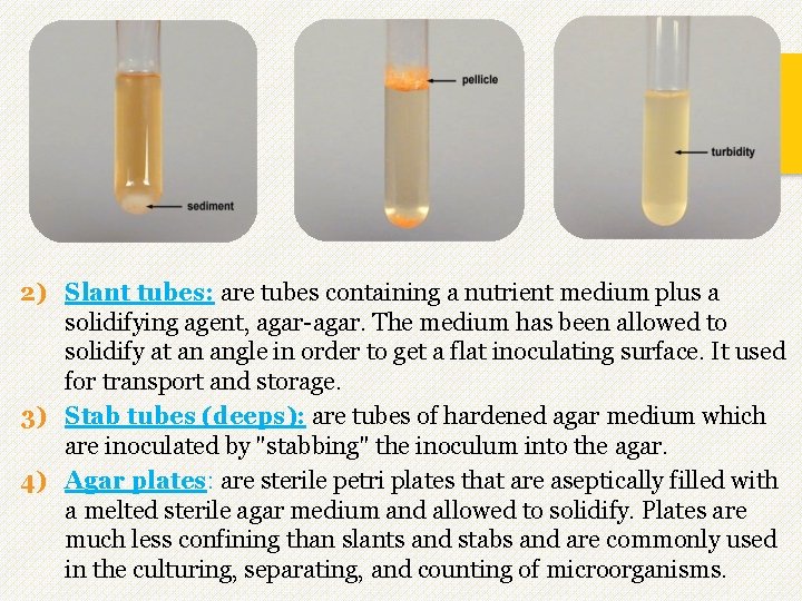 2) Slant tubes: are tubes containing a nutrient medium plus a solidifying agent, agar-agar.