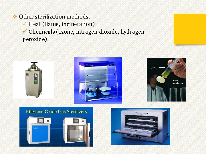 v Other sterilization methods: ü Heat (flame, incineration) ü Chemicals (ozone, nitrogen dioxide, hydrogen