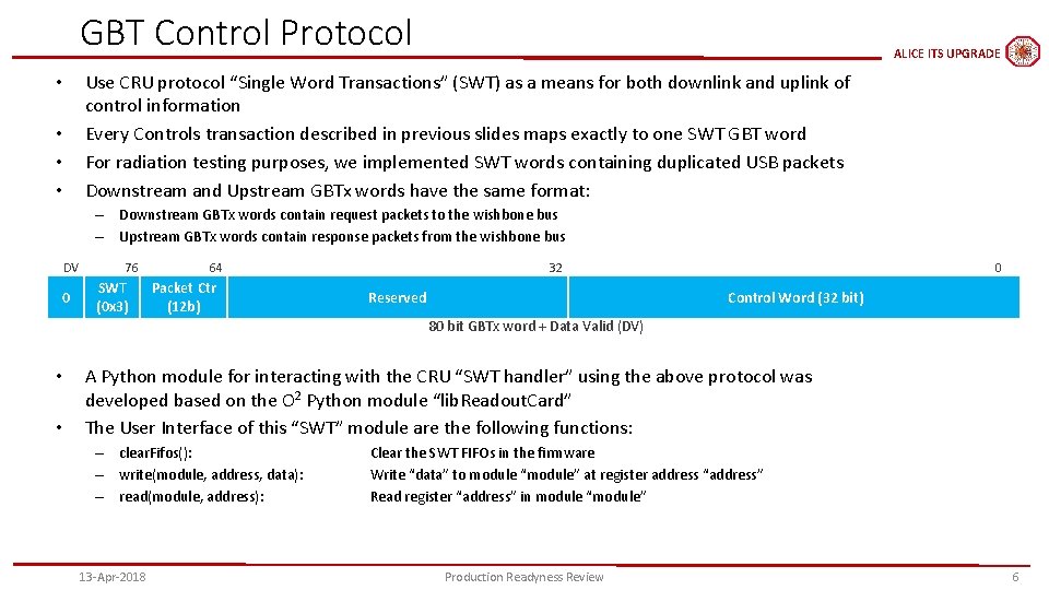 GBT Control Protocol ALICE ITS UPGRADE Use CRU protocol “Single Word Transactions” (SWT) as
