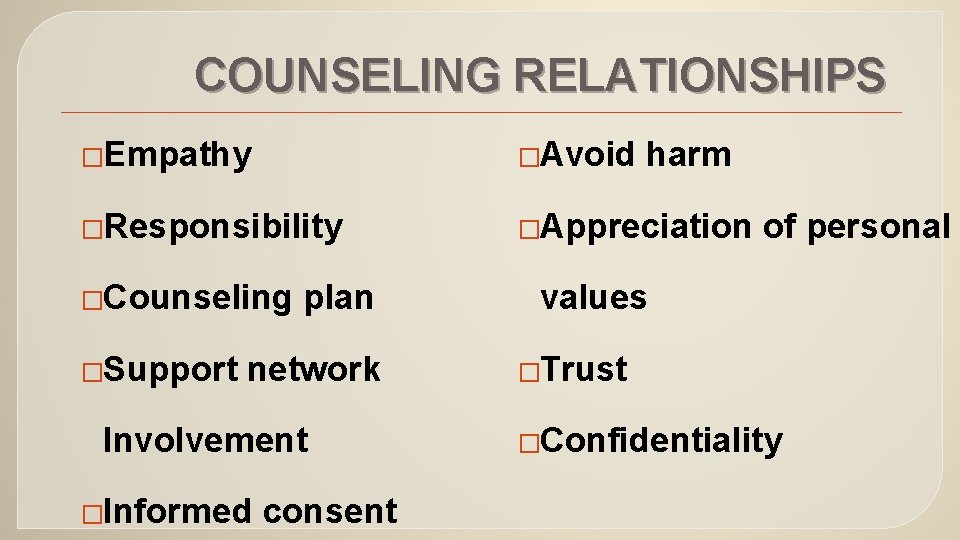 COUNSELING RELATIONSHIPS �Empathy �Avoid �Responsibility �Appreciation �Counseling �Support plan network Involvement �Informed consent harm