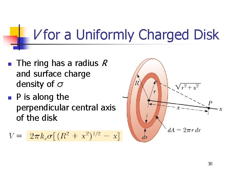 V for a Uniformly Charged Disk n n The ring has a radius R