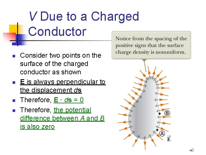 V Due to a Charged Conductor n n Consider two points on the surface