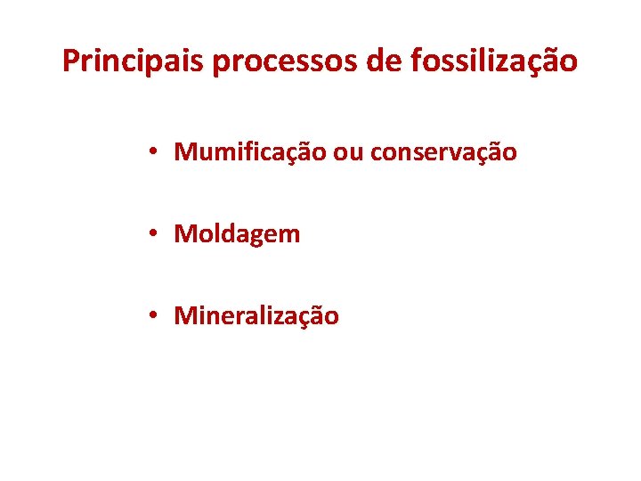Principais processos de fossilização • Mumificação ou conservação • Moldagem • Mineralização 