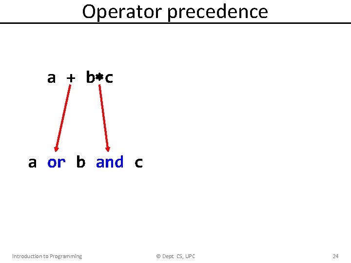 Operator precedence a + b c (a + b) c a or b and