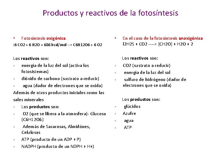 Productos y reactivos de la fotosíntesis • Fotosíntesis oxigénica • : 6 CO 2