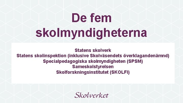 De fem skolmyndigheterna Statens skolverk Statens skolinspektion (inklusive Skolväsendets överklagandenämnd) Specialpedagogiska skolmyndigheten (SPSM) Sameskolstyrelsen