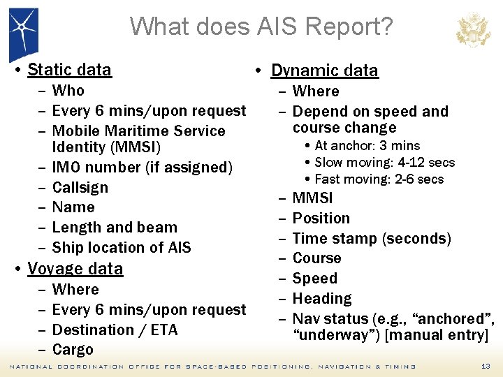What does AIS Report? • Static data – Who – Every 6 mins/upon request