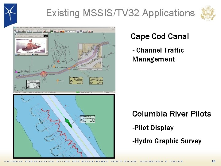 Existing MSSIS/TV 32 Applications Cape Cod Canal - Channel Traffic Management Columbia River Pilots