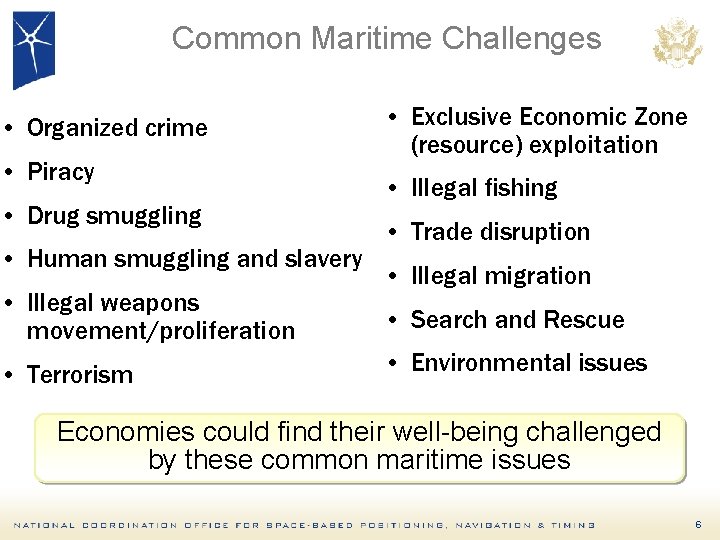 Common Maritime Challenges • Organized crime • Piracy • Drug smuggling • Human smuggling