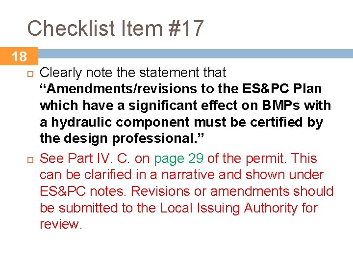 Checklist Item #17 18 Clearly note the statement that “Amendments/revisions to the ES&PC Plan