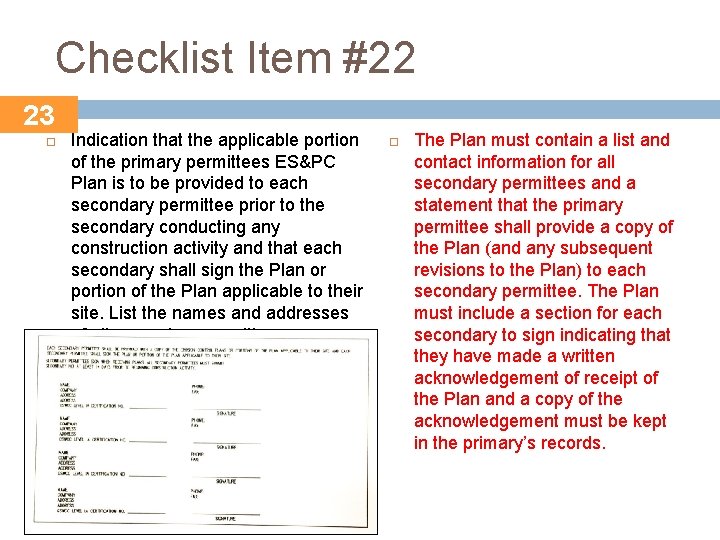 Checklist Item #22 23 Indication that the applicable portion of the primary permittees ES&PC