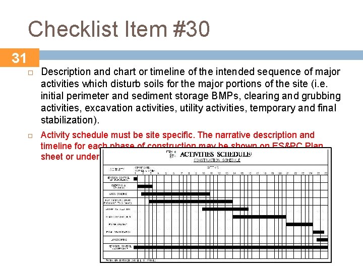 Checklist Item #30 31 Description and chart or timeline of the intended sequence of