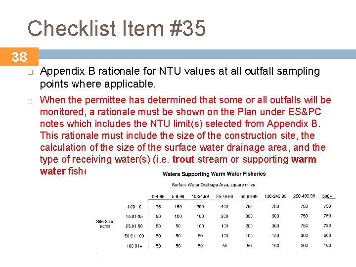 Checklist Item #35 38 Appendix B rationale for NTU values at all outfall sampling