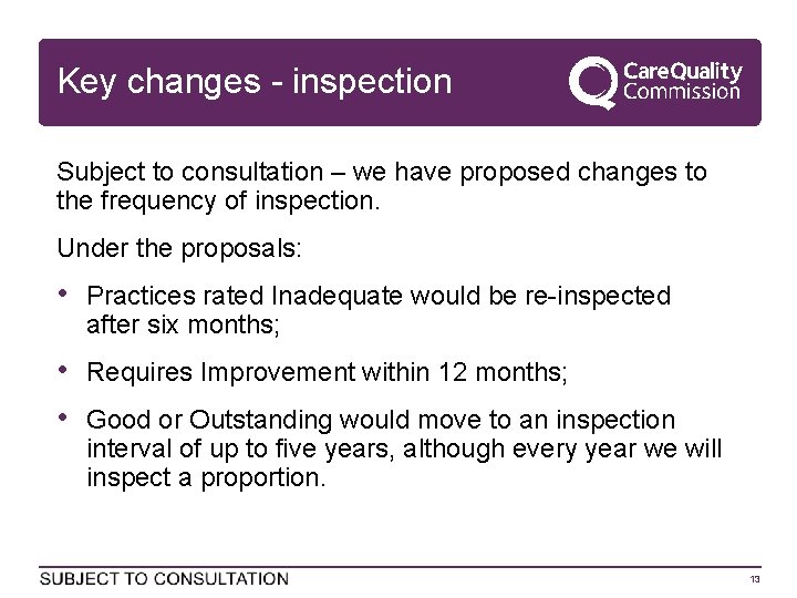 Key changes - inspection Subject to consultation – we have proposed changes to the