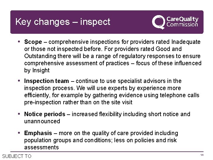 Key changes – inspect • Scope – comprehensive inspections for providers rated Inadequate or