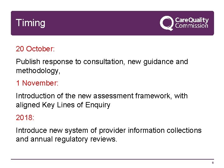 Timing 20 October: Publish response to consultation, new guidance and methodology, 1 November: Introduction