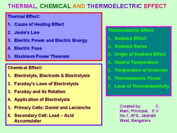 THERMAL, CHEMICAL AND THERMOELECTRIC EFFECT Thermal Effect: 1. Cause of Heating Effect 2. Joule’s