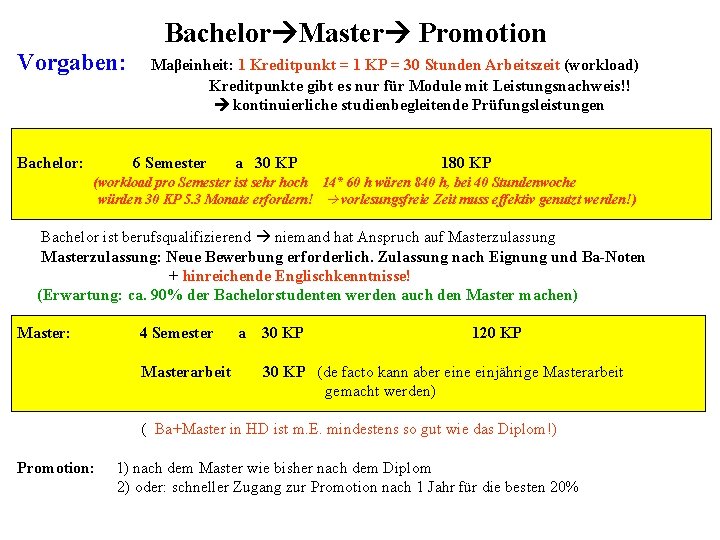 Bachelor Master Promotion Vorgaben: Bachelor: Maβeinheit: 1 Kreditpunkt = 1 KP = 30 Stunden